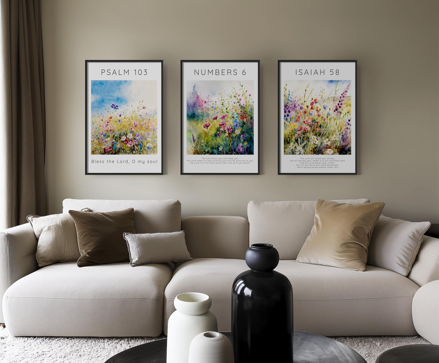 Set of three Bible verse prints with vibrant wildflower meadows and scripture from Isaiah 58:11, Psalm 103:1, and Numbers 6:24-26.