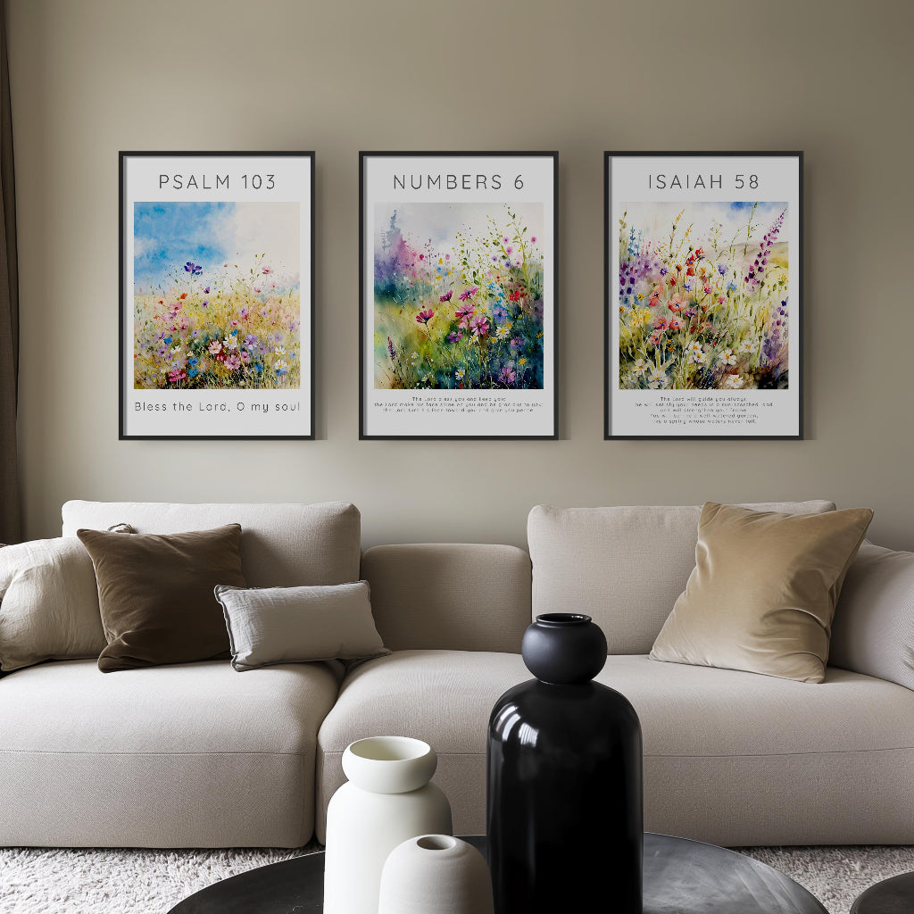 Set of three Bible verse prints with vibrant wildflower meadows and scripture from Isaiah 58:11, Psalm 103:1, and Numbers 6:24-26.