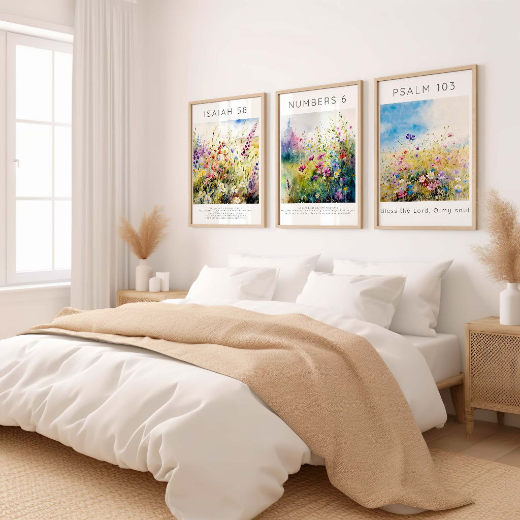 Christian floral wall art trio featuring wildflower designs and verses about guidance, blessing, and praise for uplifting home decor.
