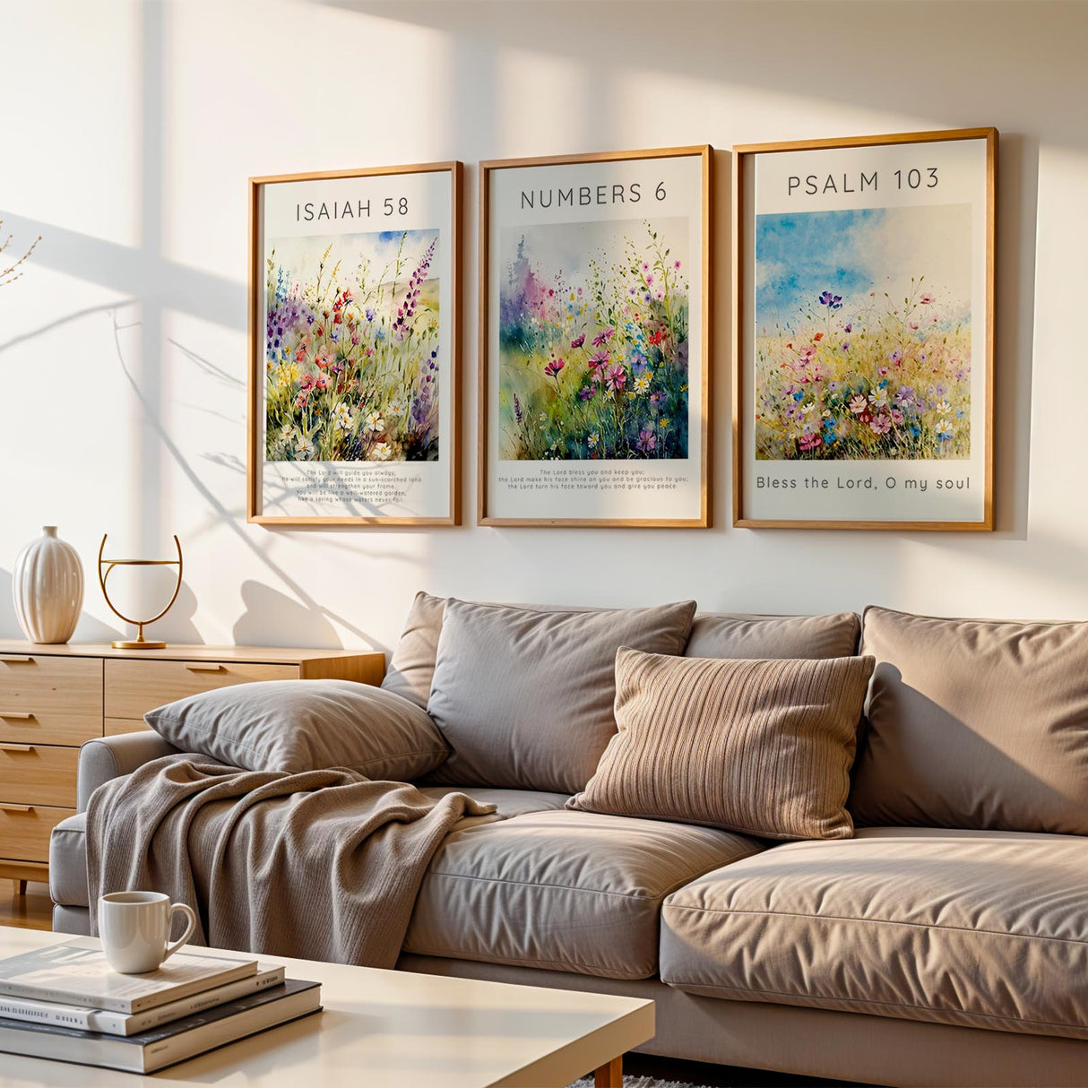 Wildflower-themed scripture print set with verses on God’s guidance, soul blessing, and divine peace, perfect for a peaceful Christian home.