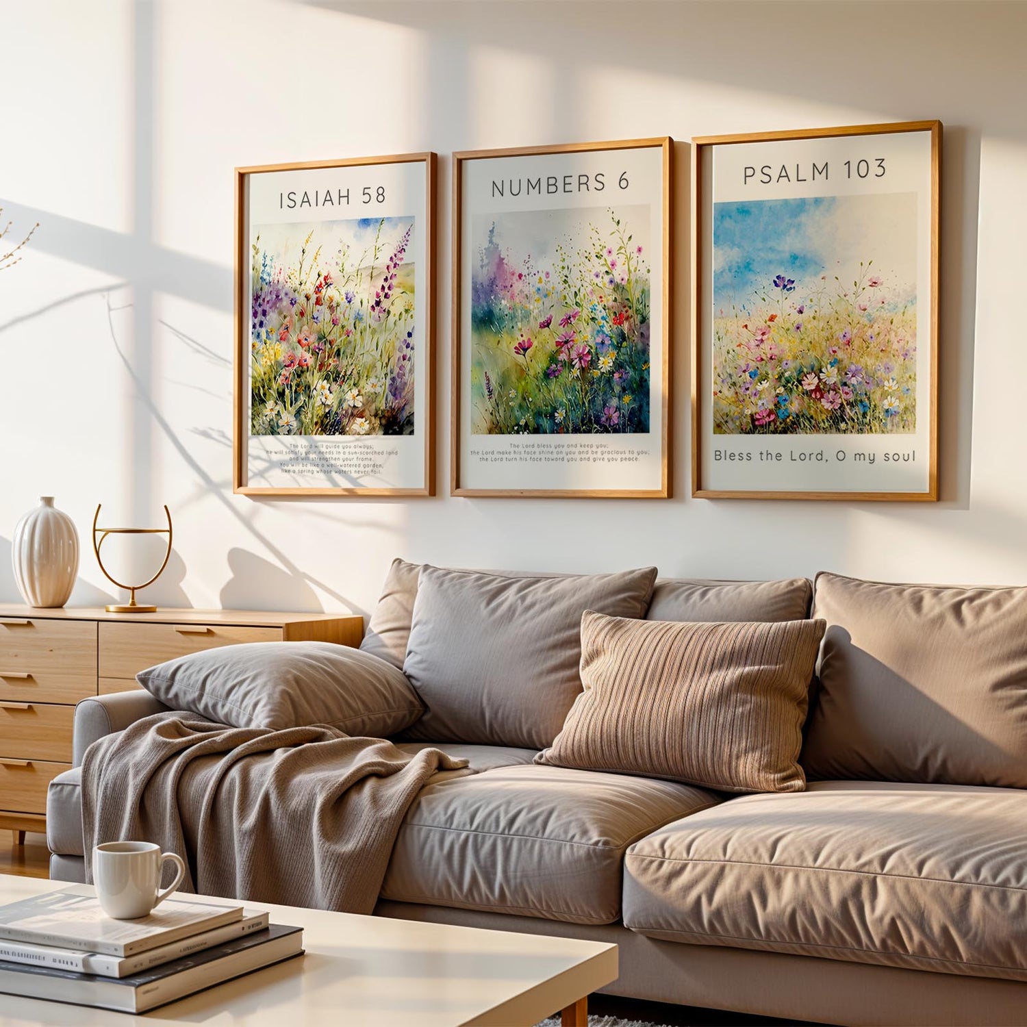 Wildflower-themed scripture print set with verses on God’s guidance, soul blessing, and divine peace, perfect for a peaceful Christian home.