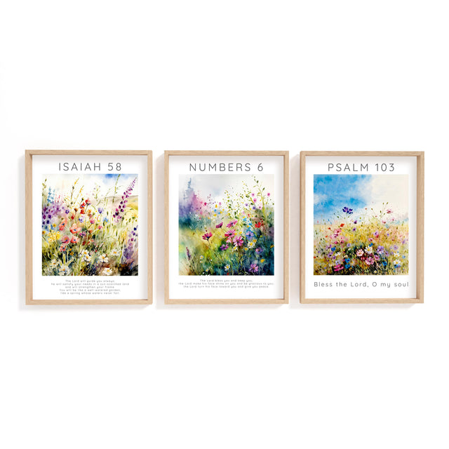 Inspirational Bible verse art set with colorful garden flowers and spiritual messages, ideal for adding faith and beauty to your living space