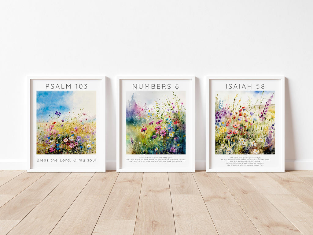 Flower Garden Christian Home Print Set, Modern Art Christian Shops, Wildflower meadow Bible verse art trio triptych