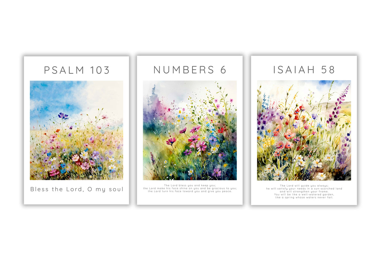 Flower Garden Christian Home Decor Print 3 Set, Modern Bible Verse Art Triptych, Floral Meadow Nature Inspired Scripture Wall Art Prints