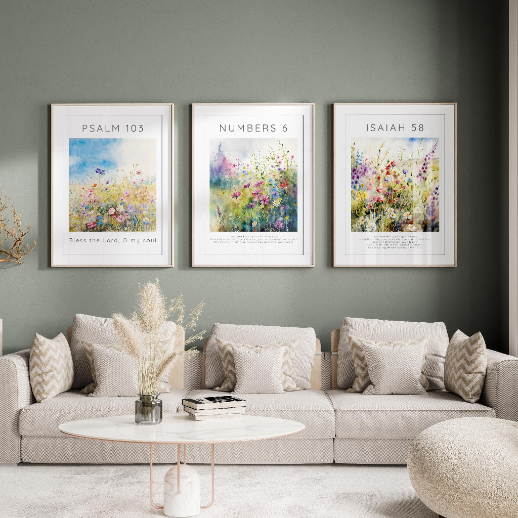 Colorful wildflower meadow home accents, Isaiah 58:11, Psalm 103:1, Numbers 6:24-26 print collection, bible verse triptych