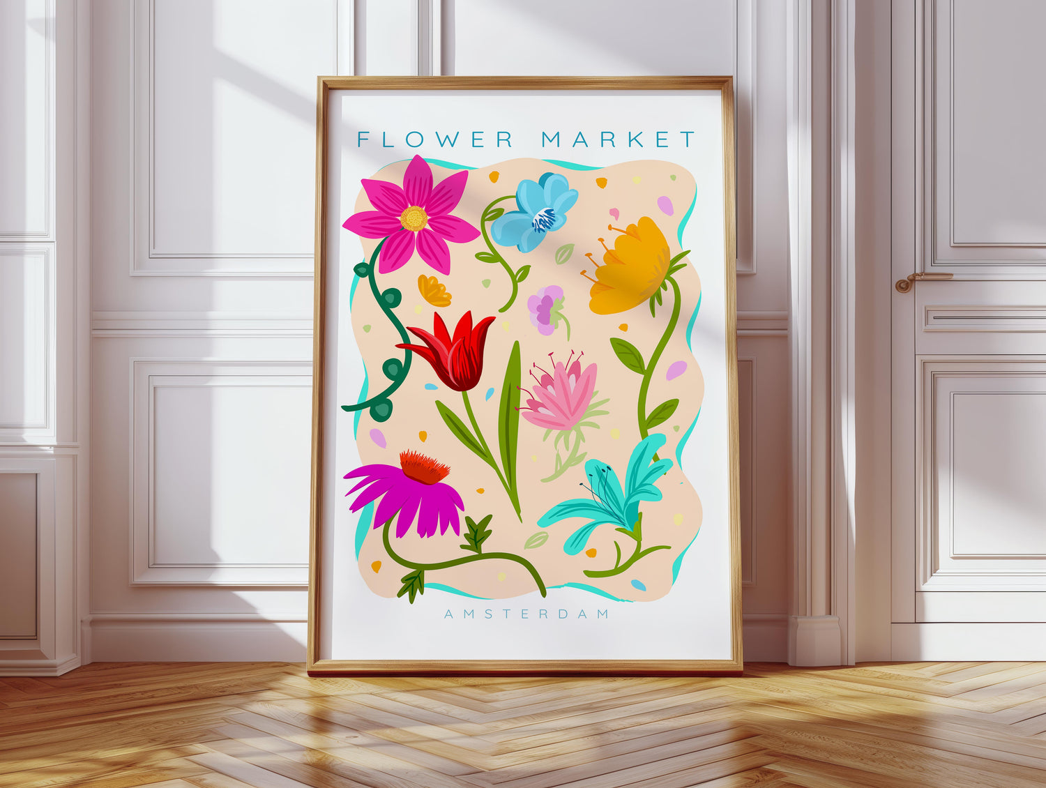 Digital art print of flower market Amsterdam. Modern and maximalist flower market wall art.