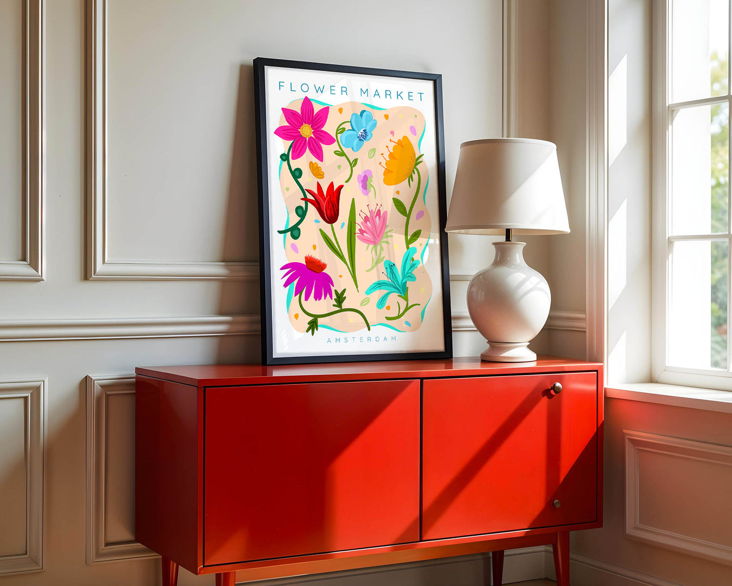 Colourful Amsterdam flower market digital print with bright floral details.