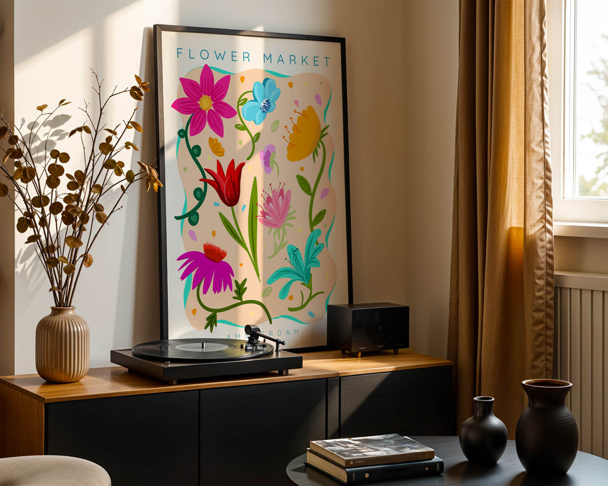 Bold flower market art print inspired by Amsterdam in vibrant colours.