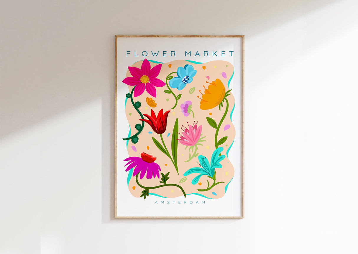 Maximalist floral poster featuring Amsterdam flower market lettering.