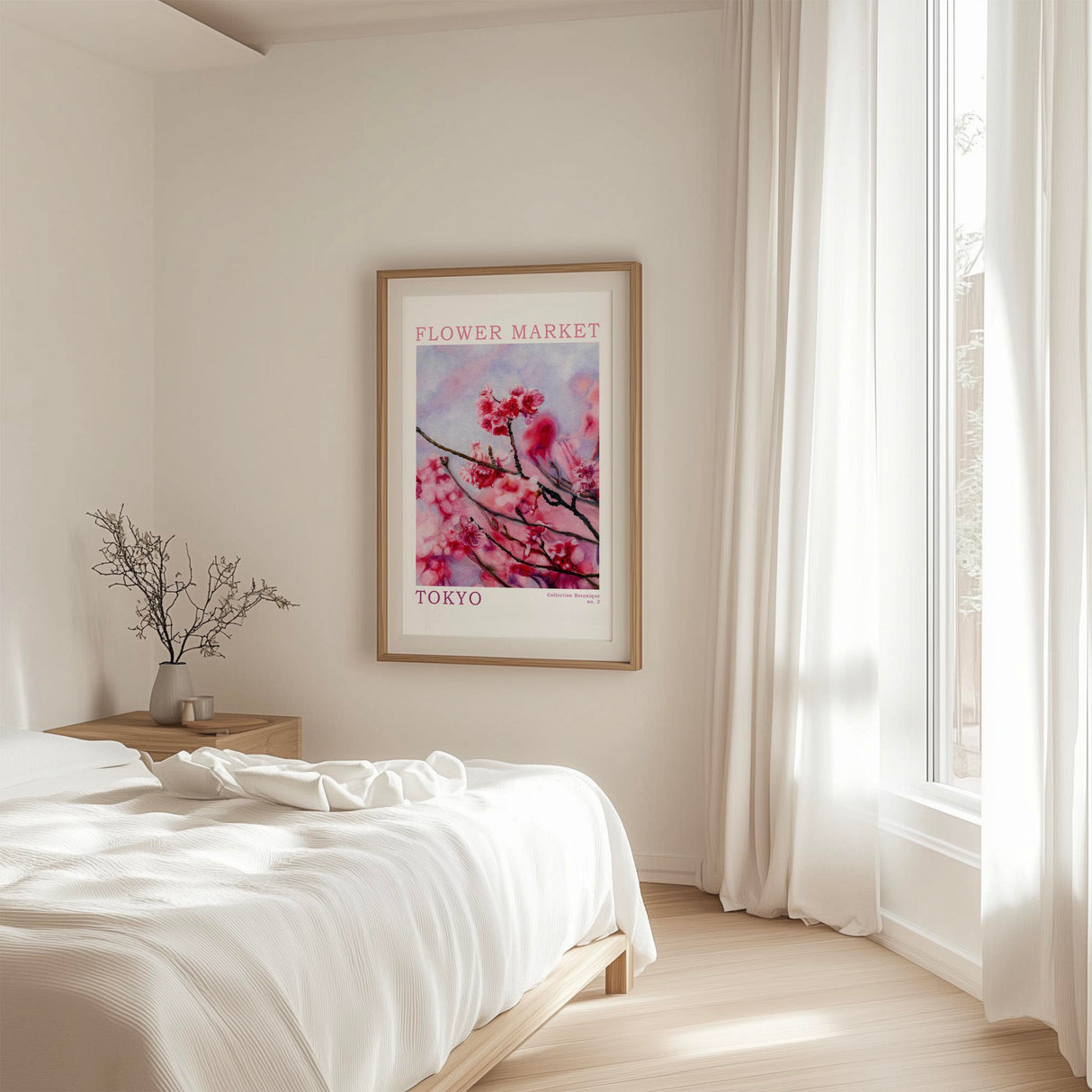 Hand drawn cherry blossom flower market Tokyo print in pink and blue-violet with vintage lettering.