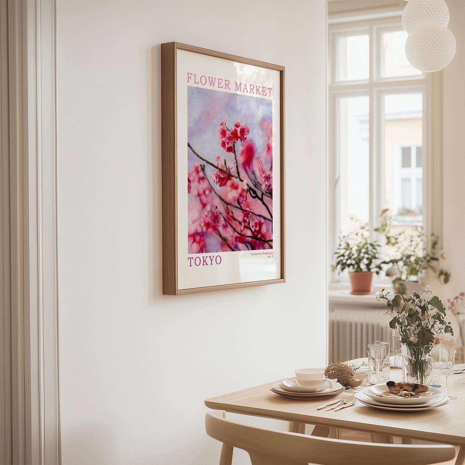 Modern Japanese-inspired floral print with pink sakura and subtle botanical lettering details.