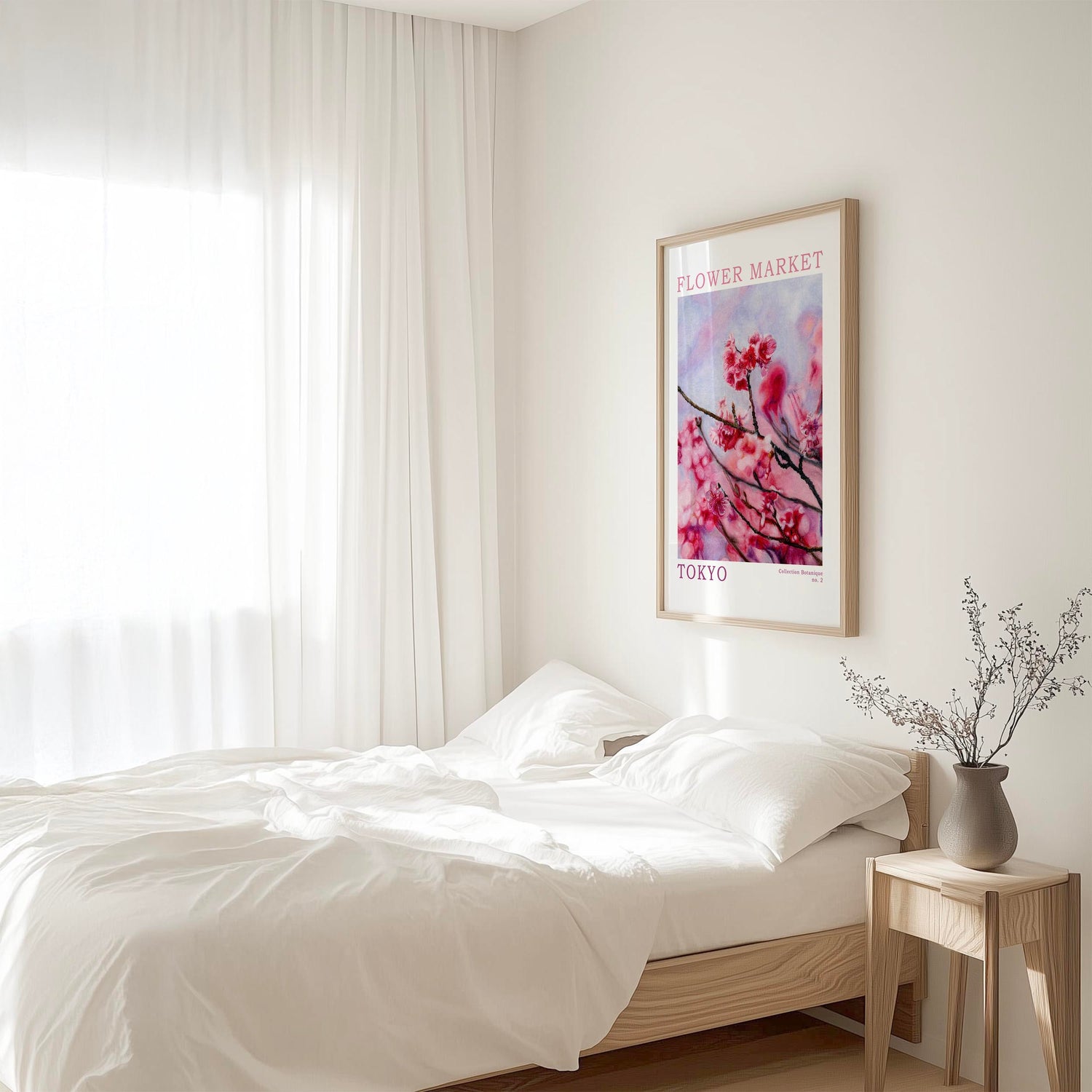 Contemporary floral wall art print inspired by Tokyo cherry blossoms in soft pinks and blue-violet tones.