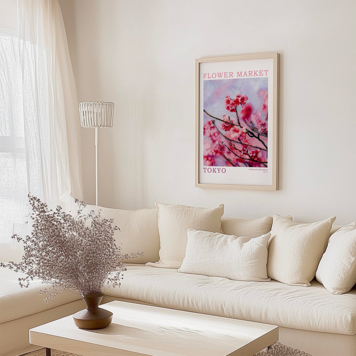 Elegant flower market Tokyo artwork with delicate coloured pencil cherry blossom illustration.