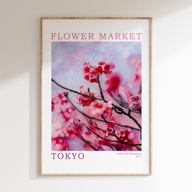 Stylish cherry blossom flower market Tokyo print for a sophisticated and serene home decor look.