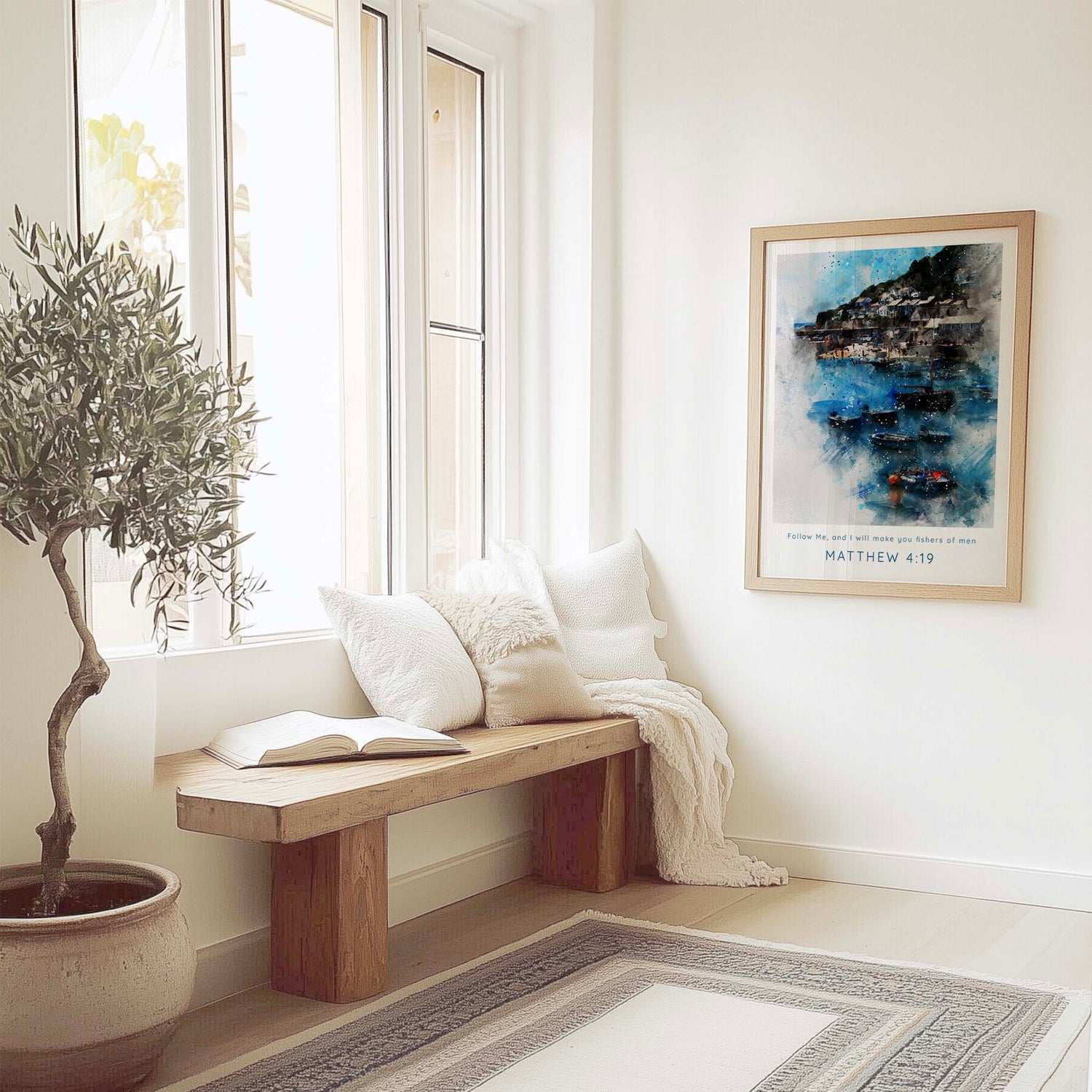 Watercolour Christian wall art print featuring Matthew 4:19 with a peaceful fishing village scene.