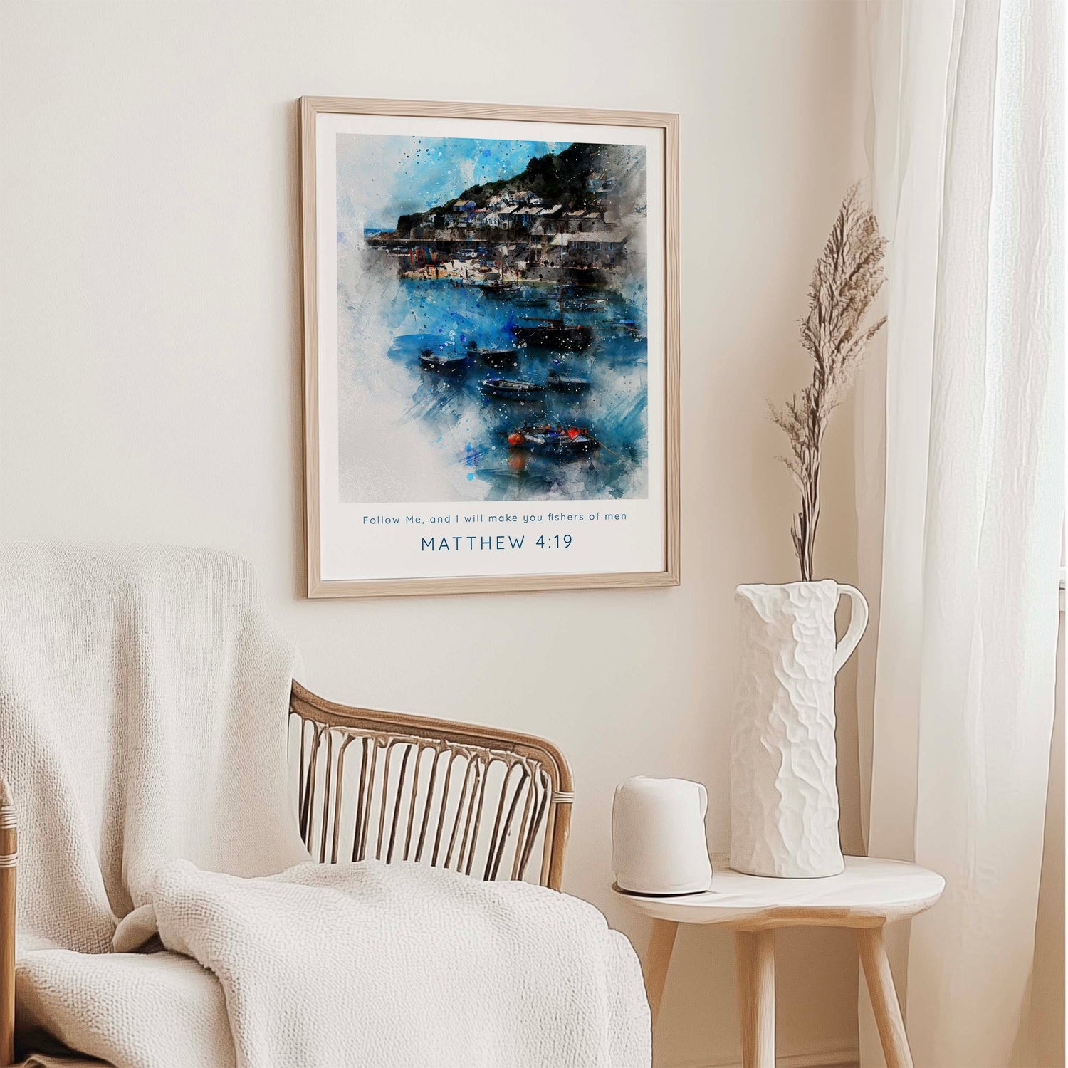 Modern Bible verse print with soft brushstrokes and the words “Follow me and I will make you fishers of men.”