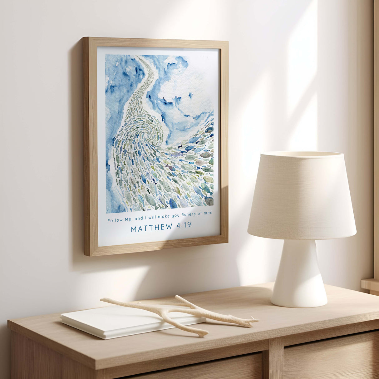 Modern Christian wall art with Matthew 4:19, featuring the quote "Follow Me, and I will make you fishers of men" in elegant typography.