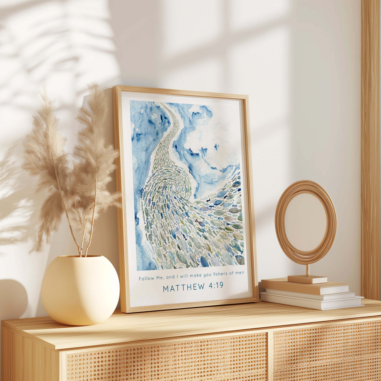 Bible verse print inspired by Matthew 4:19, combining minimalist design with the message of discipleship and faith in Jesus.