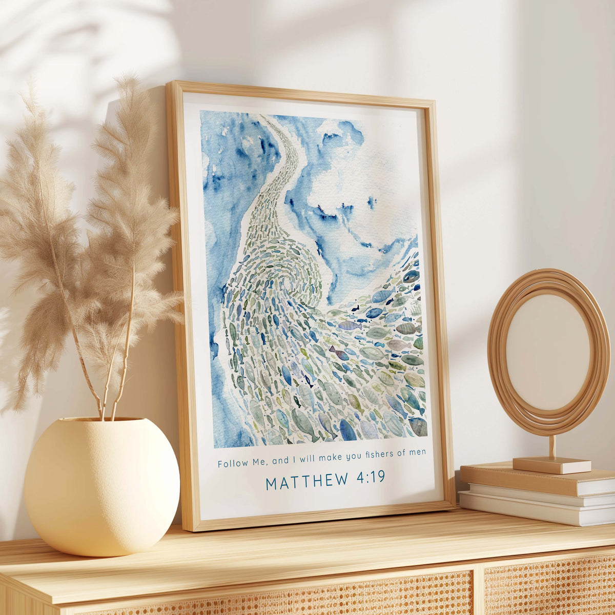 Bible verse print inspired by Matthew 4:19, combining minimalist design with the message of discipleship and faith in Jesus.