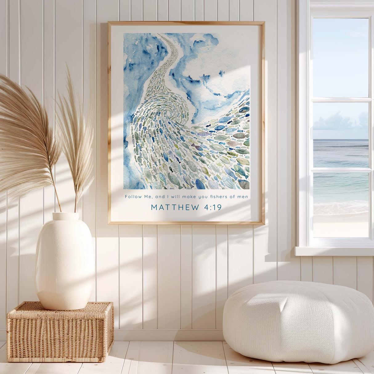 Inspirational scripture artwork displaying "Follow Me, and I will make you fishers of men," ideal for Christian home or church decor.
