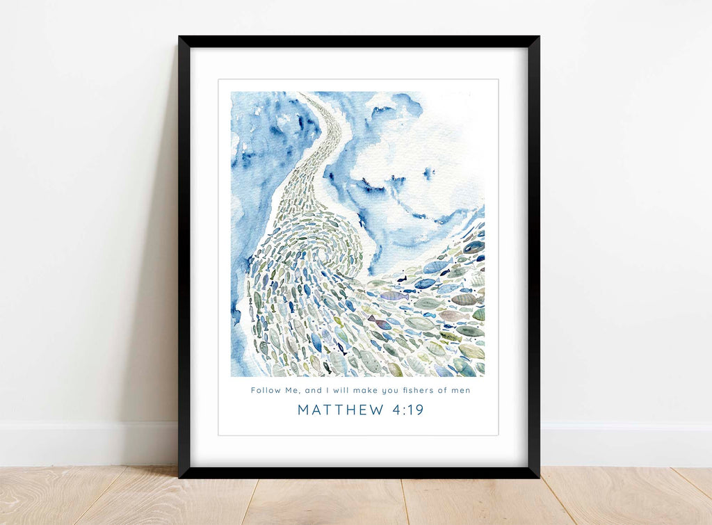 Contemporary Christian wall art with shoal of fish, Scripture wall art featuring 'Follow Me' quote, Fishers of Men Bible verse art