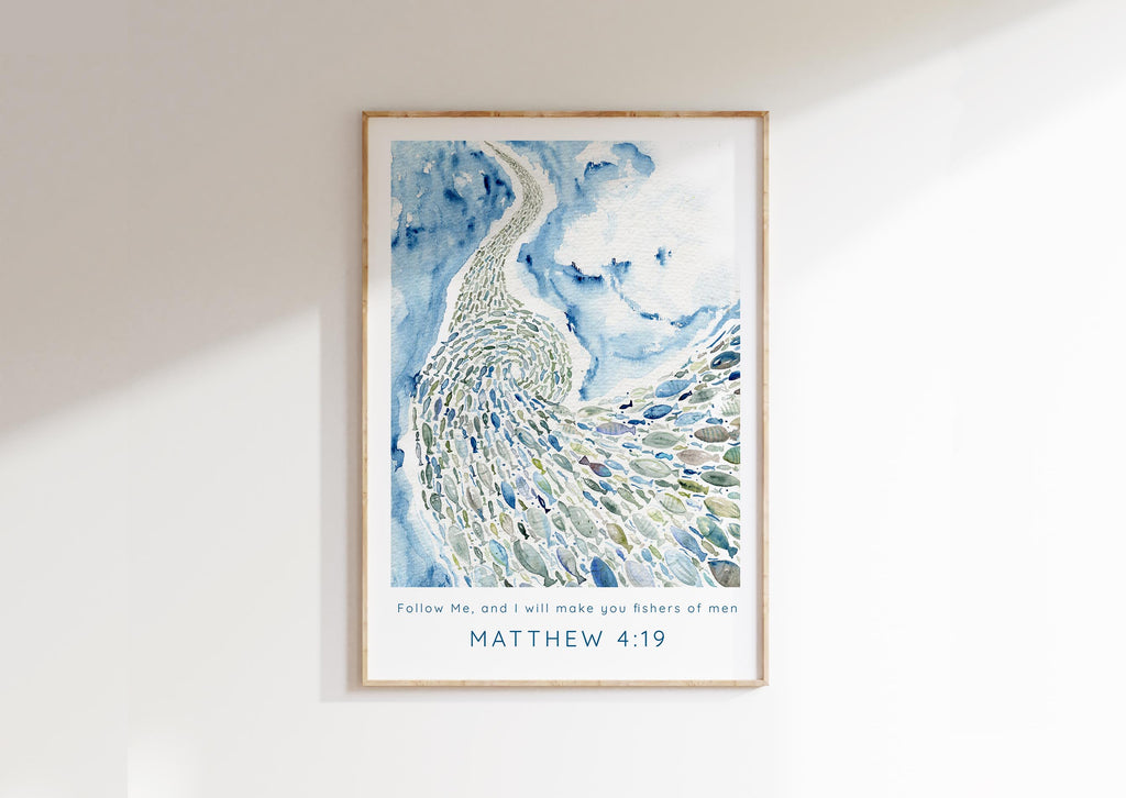 Fishers of Men Bible verse art in watercolour style, Christian discipleship wall poster - Matthew 4:19, Modern Christian wall art