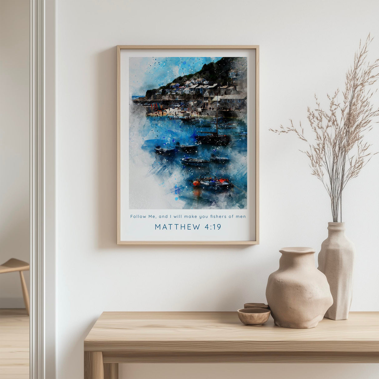 Christian home decor print showing a tranquil harbour, inspired by Matthew 4:19 and discipleship.