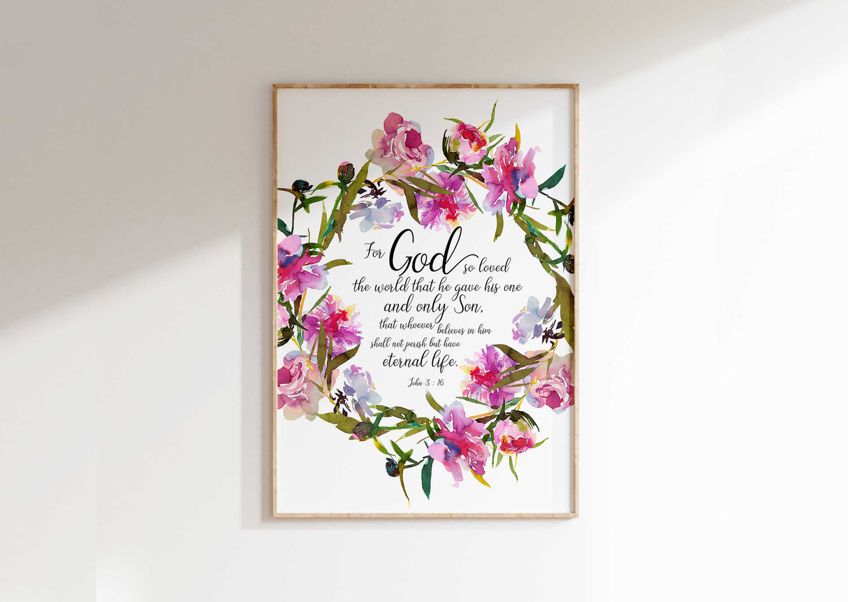 Pink floral Bible verse print, John 3 16 Christian wall art for gifts or home decor.