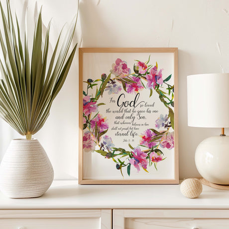 John 3 16 wall art print with pink watercolour flowers, Christian scripture home decor.