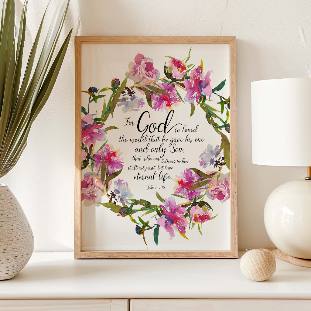 John 3 16 wall art print with pink watercolour flowers, Christian scripture home decor.
