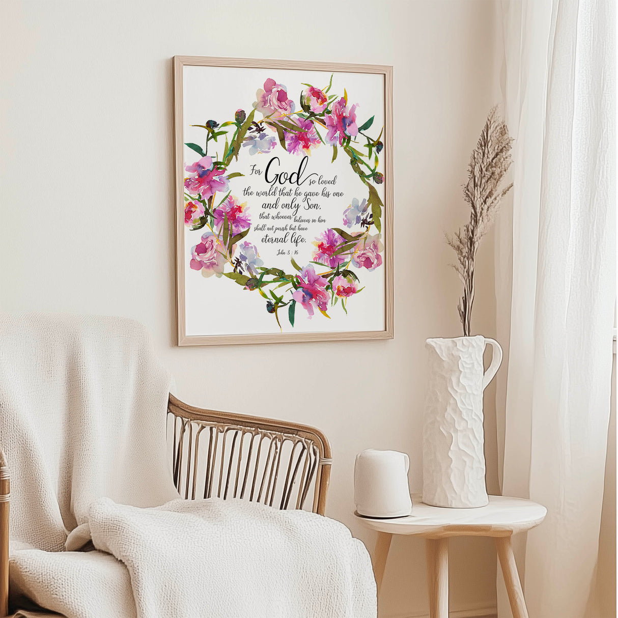 Christian scripture print, John 3 16 with delicate pink watercolour flowers. Inspirational John 3 16 wall art print with pink floral accents for Christian homes.