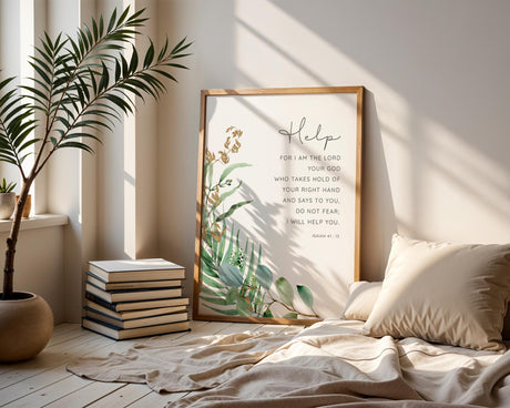 Botanical Bible verse print with delicate flowers and leaves surrounding the quote from Isaiah 41:13.