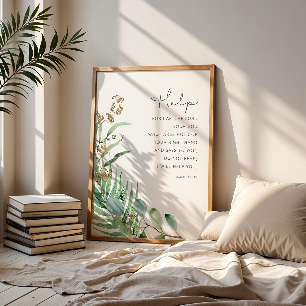 Botanical Bible verse print with delicate flowers and leaves surrounding the quote from Isaiah 41:13.