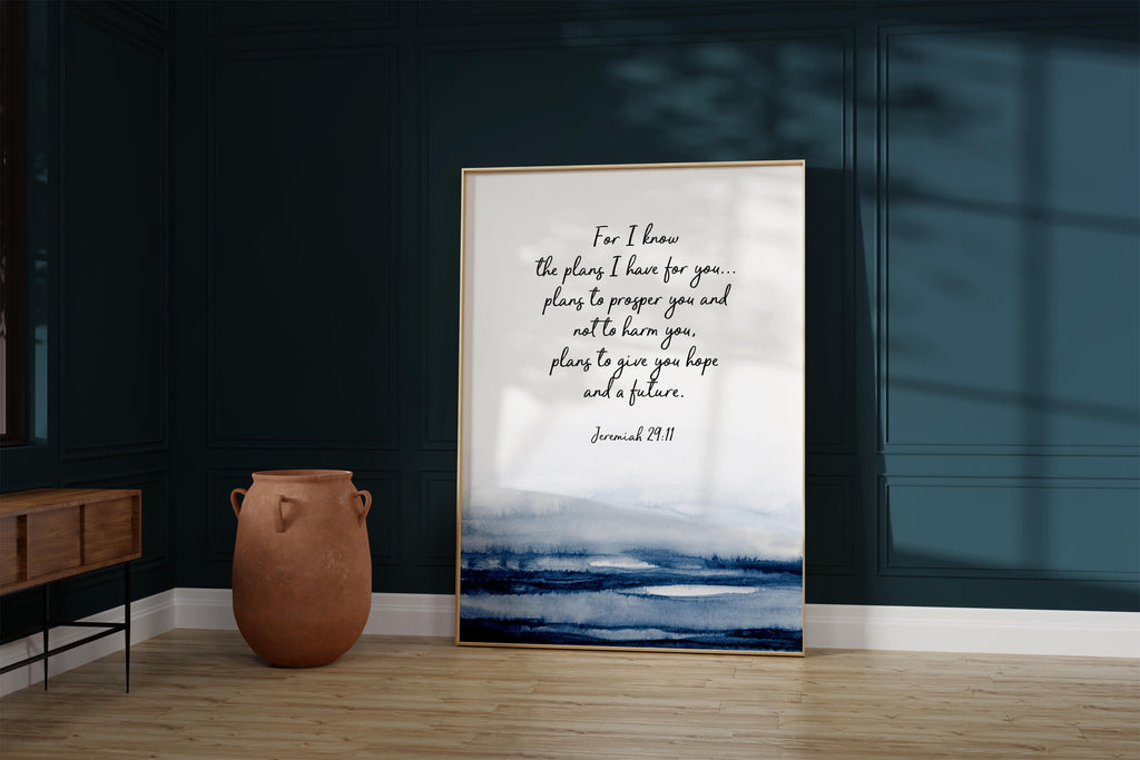 Jeremiah 29:11 Bible Verse Print with Dark Blue Water, Inspirational Scripture Wall Art with Jeremiah 29:11