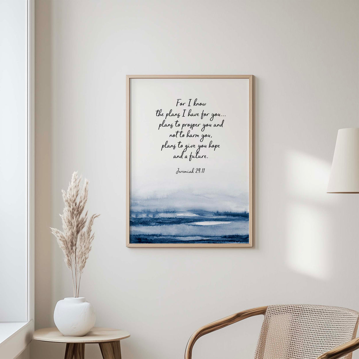 Abstract faith-based art with comforting scripture from Jeremiah 29:11 and soothing water-inspired design.