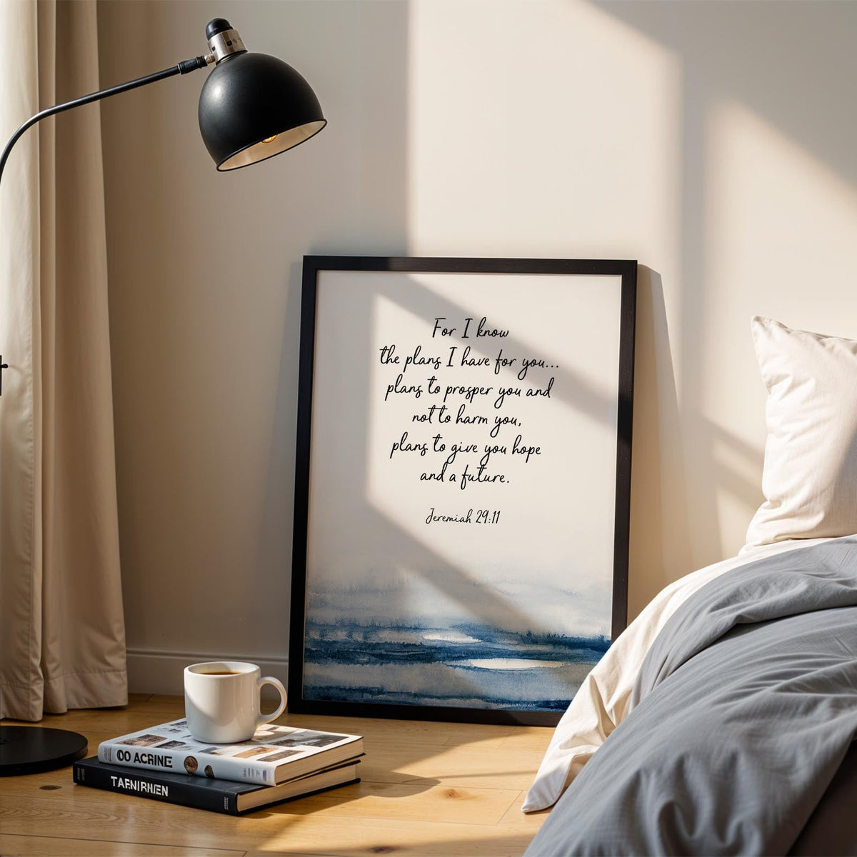 Jeremiah 29:11 Bible verse print with abstract navy blue watercolour and elegant faith-inspired typography.