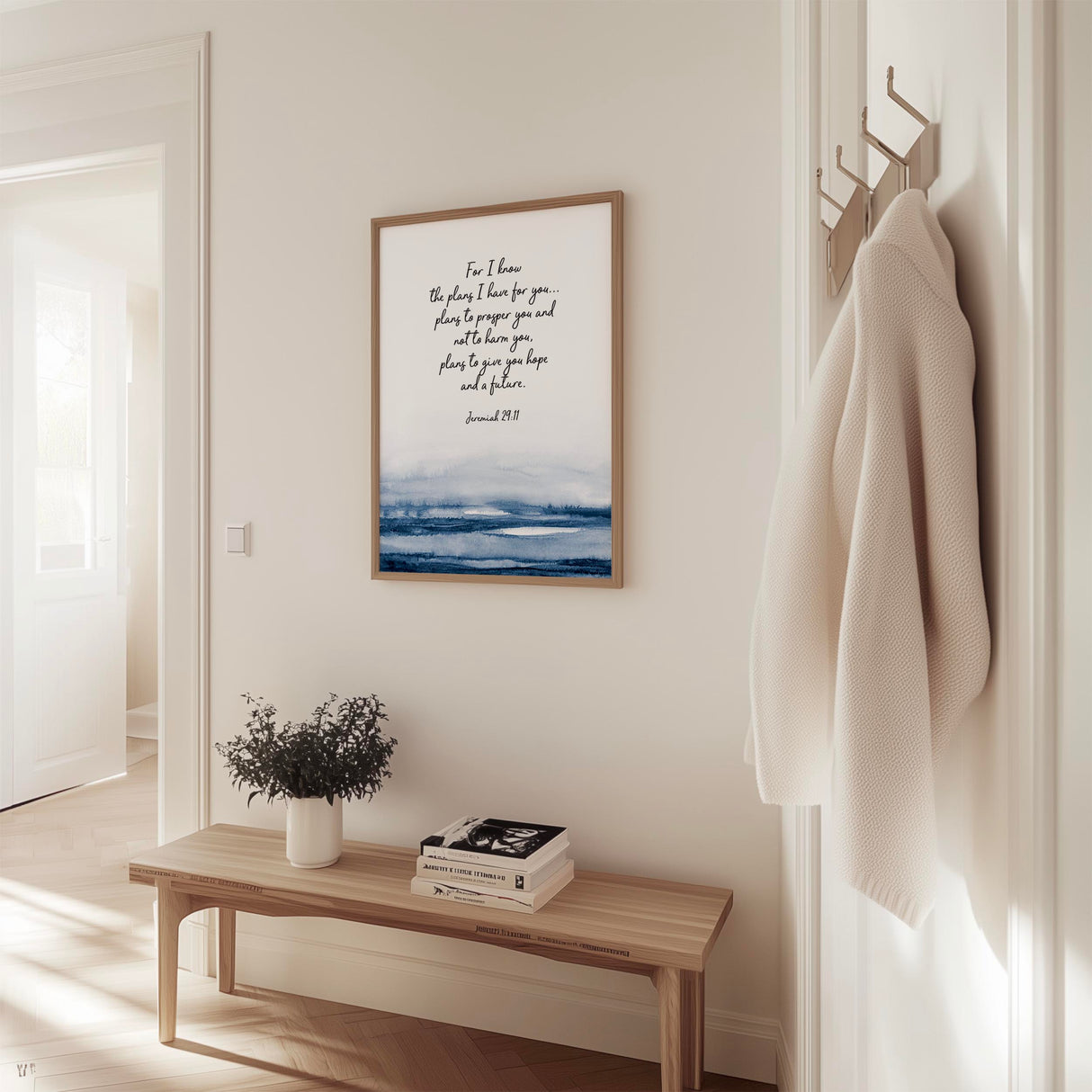Christian wall art print featuring “For I Know The Plans I Have For You” in soft, calming shades of blue.