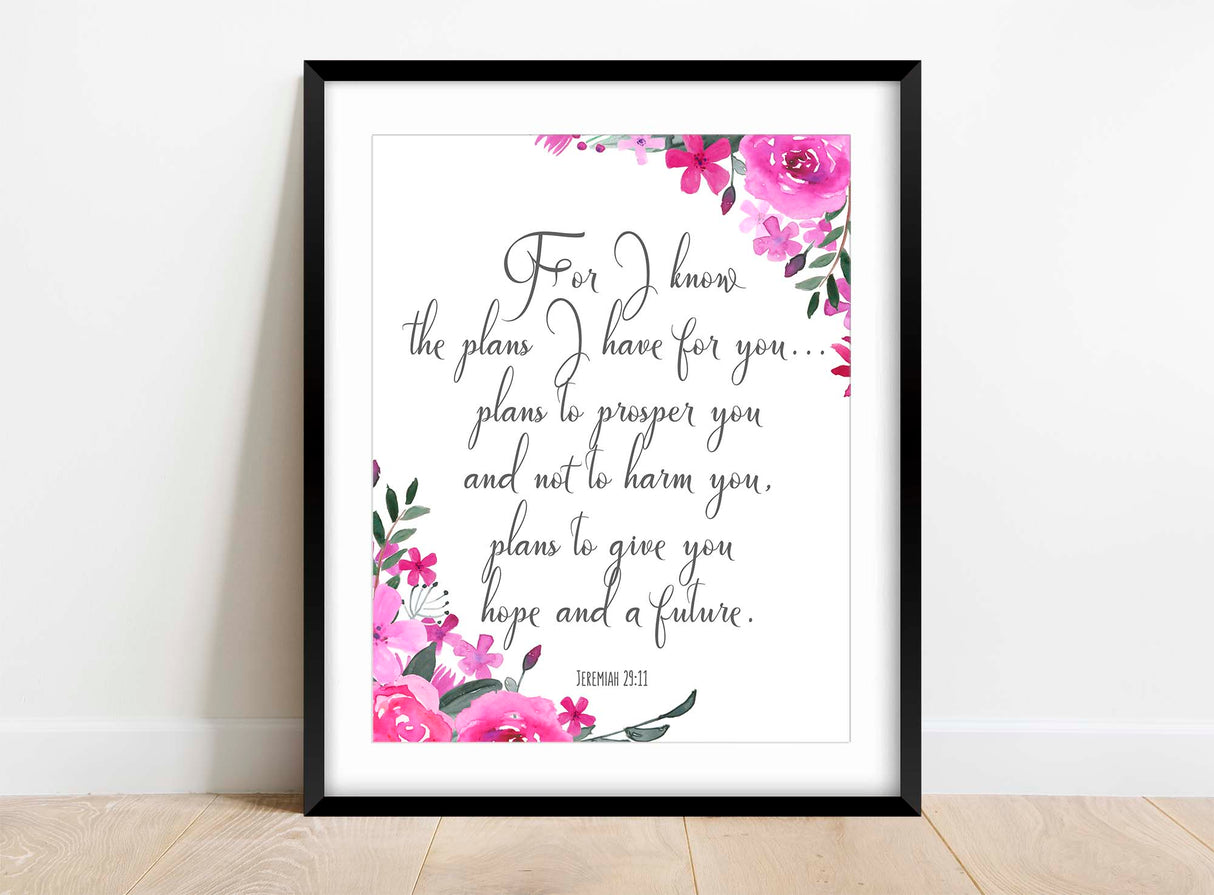Floral Bible verse print with Jeremiah 29:11 in pink and purple tones.