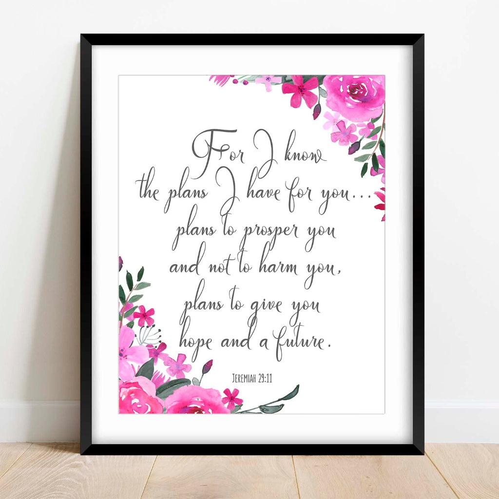 Floral Bible verse print with Jeremiah 29:11 in pink and purple tones.