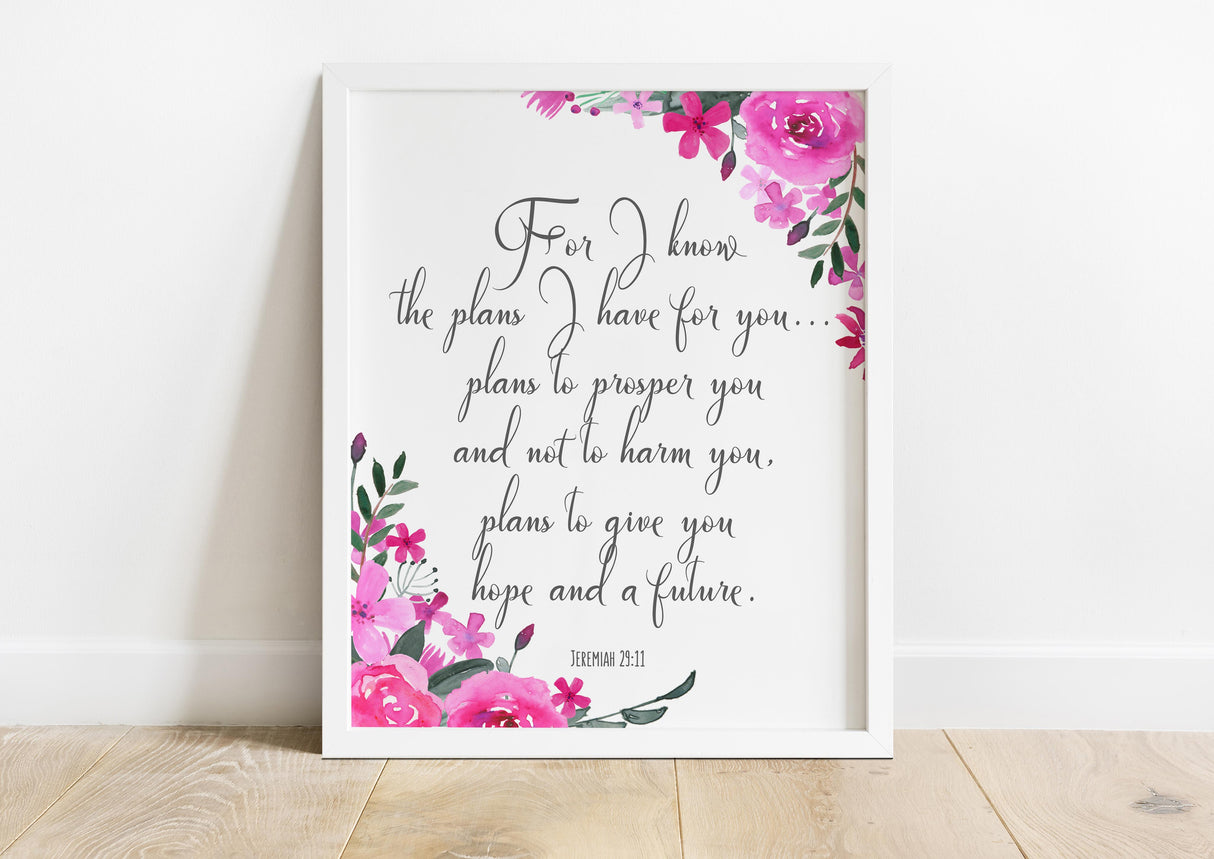 Christian scripture wall art featuring Jeremiah 29:11 with floral details.