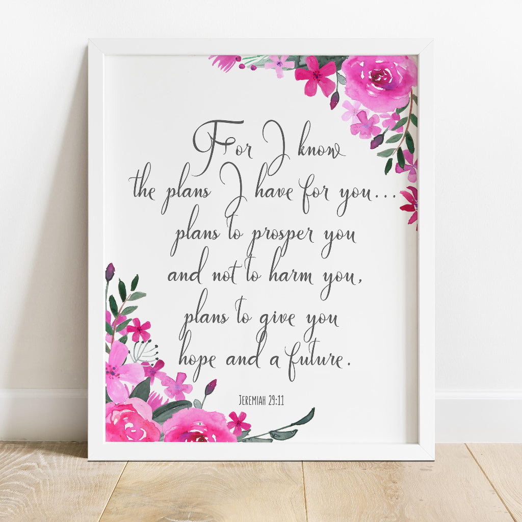 Christian scripture wall art featuring Jeremiah 29:11 with floral details.