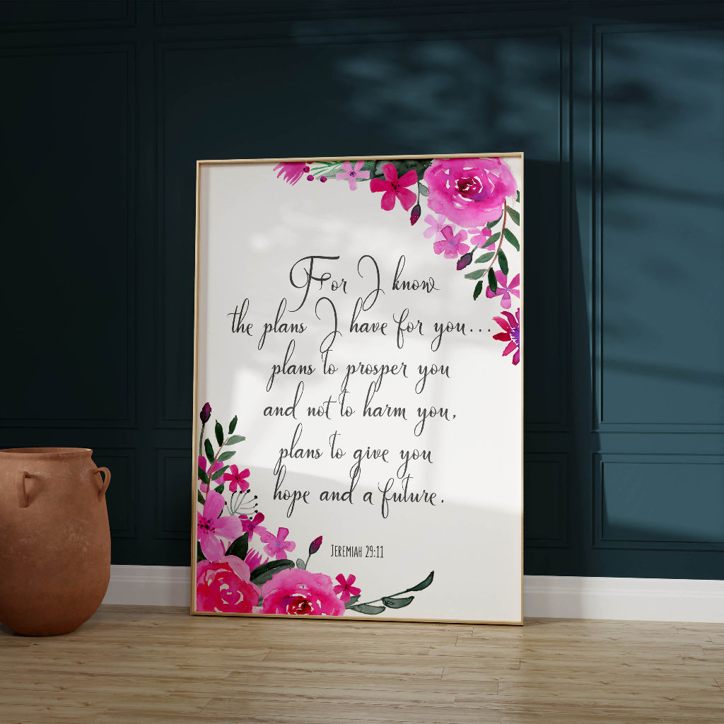 Elegant faith-based floral wall decor with a scripture quote from Jeremiah 29:11