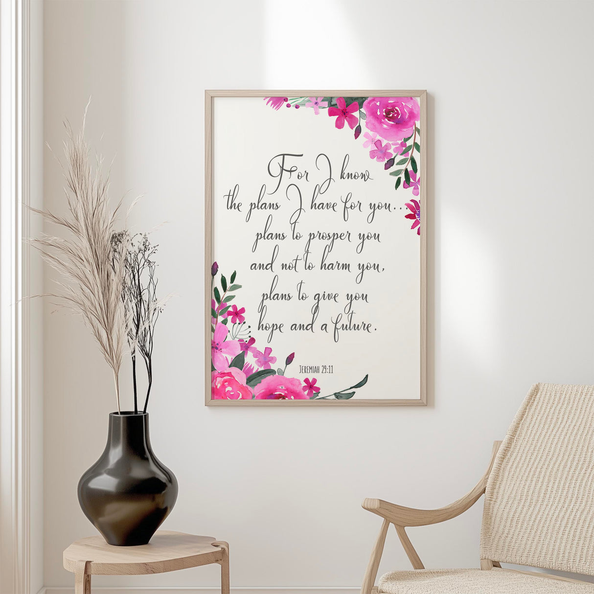 Scripture print with pink and purple flowers and a message of hope from Jeremiah 29:11.