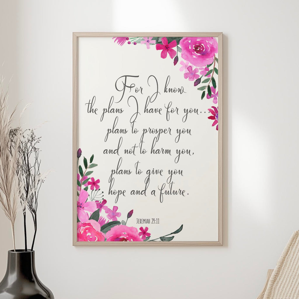 Scripture print with pink and purple flowers and a message of hope from Jeremiah 29:11.