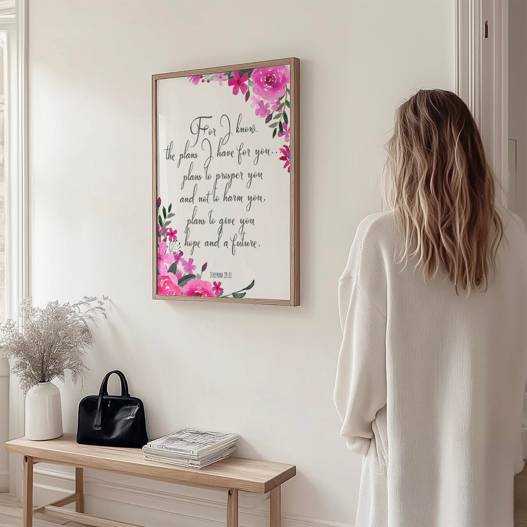 Jeremiah 29:11 Bible verse print with soft pink and purple flowers surrounding scripture.