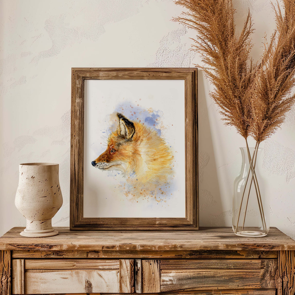 Watercolour fox art print with earthy tones and a gentle blue wash in the background. Hand-painted fox portrait in a loose, artistic style with calming natural colours.