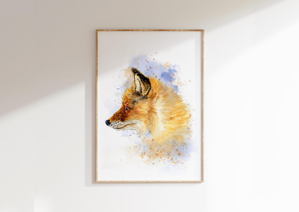 Fox Print Woodland Animal, Fox Portrait, Fox Illustration, Fox Art, Watercolour fox portrait print in browns and blues