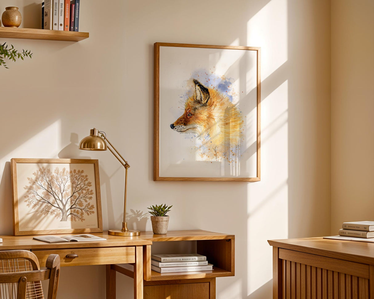 Watercolour fox portrait with soft brown tones and a blue background in a loose painting style. Woodland animal wall art featuring a sweet fox in a loose, flowing watercolour style.