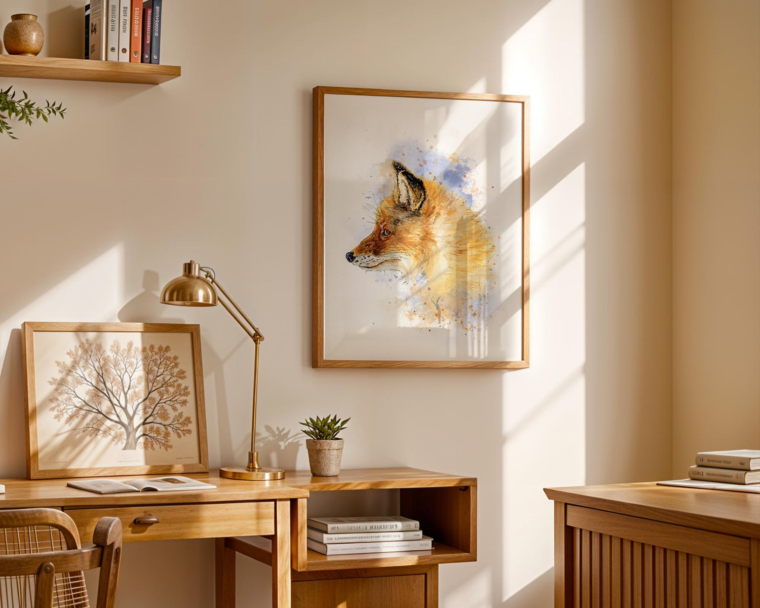 Watercolour fox portrait with soft brown tones and a blue background in a loose painting style. Woodland animal wall art featuring a sweet fox in a loose, flowing watercolour style.