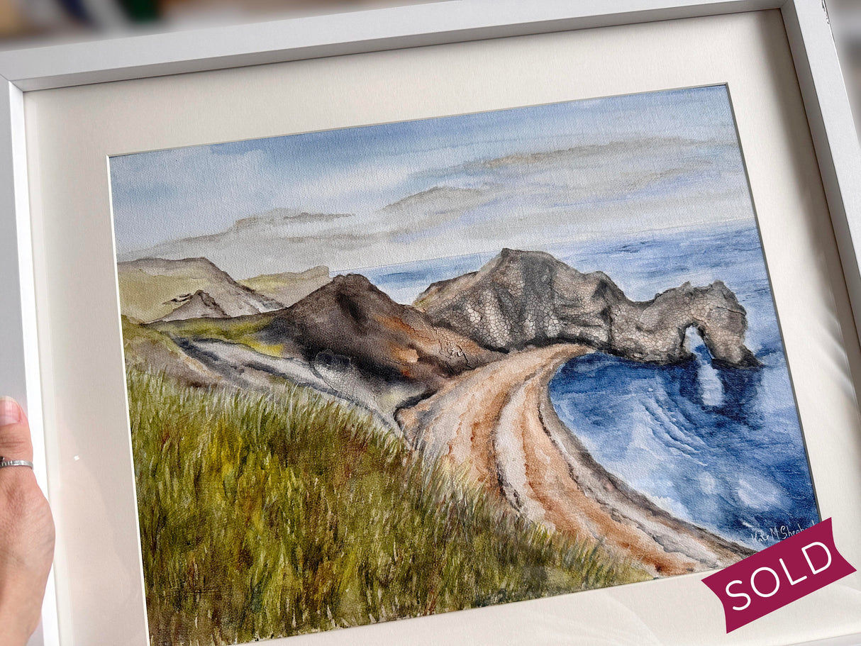 Watercolor painting of Durdle Door in Dorset. Coastal landscape artwork of Durdle Door on the Jurassic Coast.